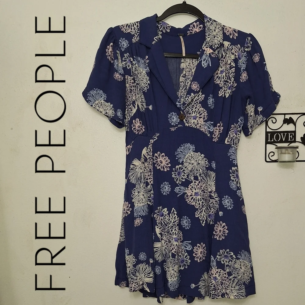 Free People Blue Hawaii Floral Print Short Sleeve A-Line Mini Dress
